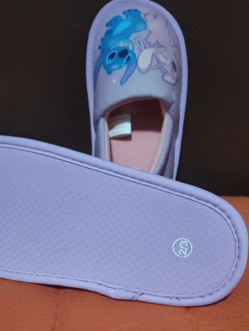 Girls Lavender Slip-On Slippers with Stitch Graphic